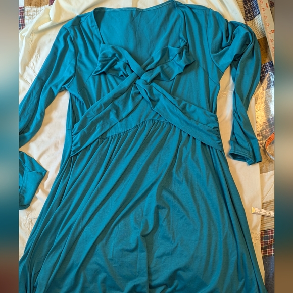 Turquoise 2X crisscross long sleeve retro fit & flare jersey dress NWOT EUC - Picture 5 of 6